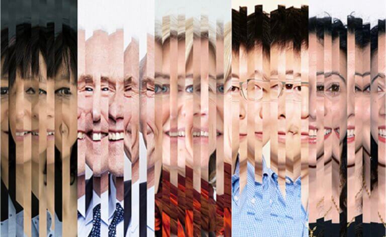 Distorted images of five scientists in a collage