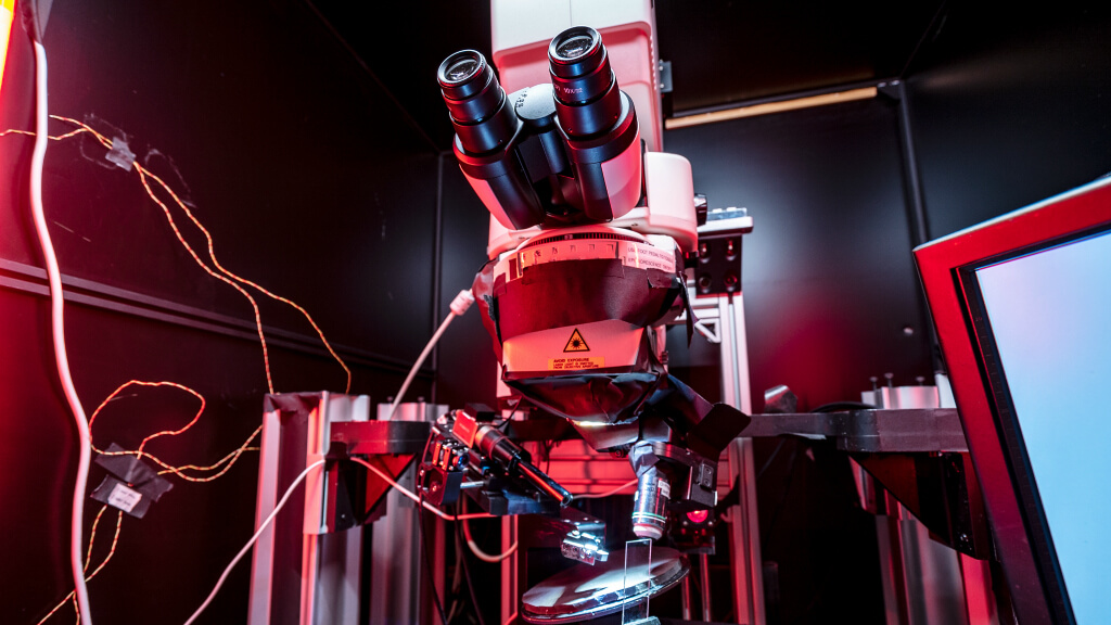 This microscope in the Allen Brain Observatory enables scientists to study live brain activity in mice.