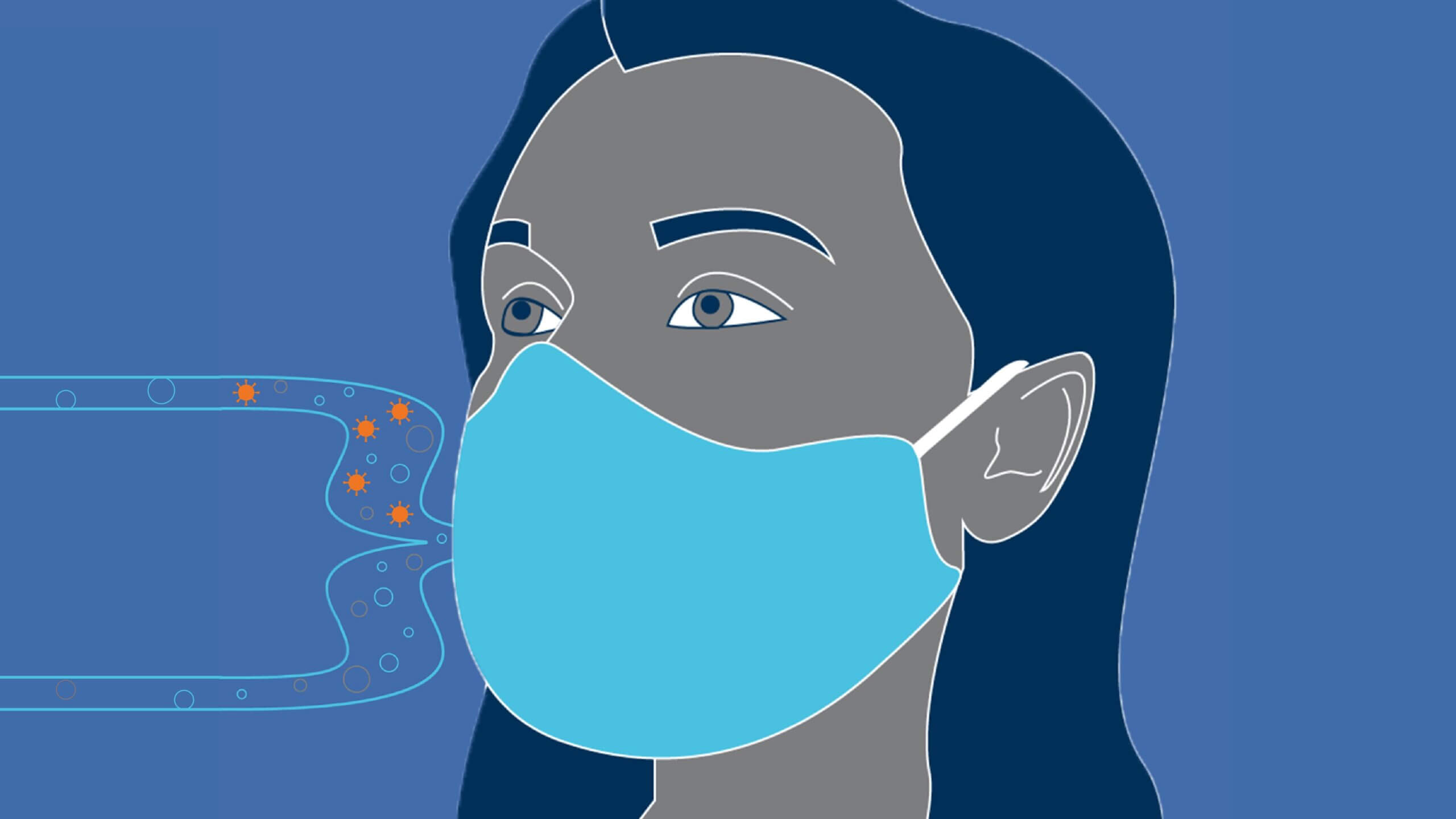 illustration showing a person wearing a mask with two streams coming out. One stream has viruses, and the other does not.