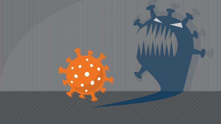 Illustration showing a coronavirus with a monster-like shadow