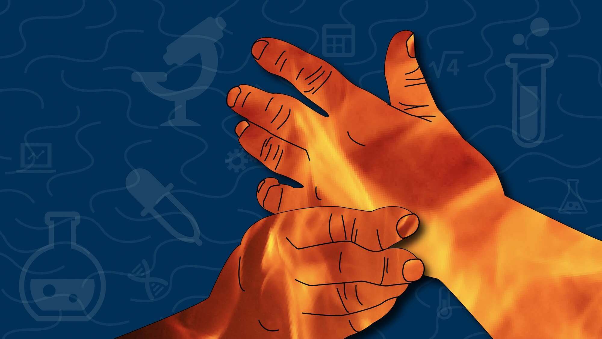 Illustration showing hands in fiery pain with RA surrounded by abstract science imagery