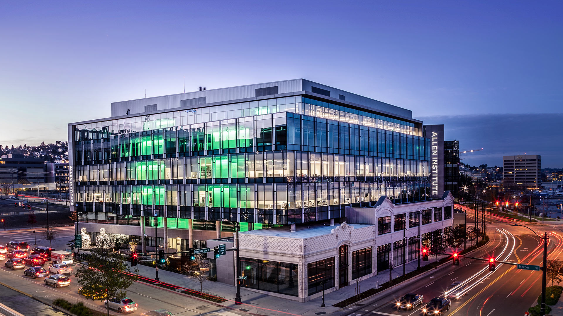 Allen Institute HQ at sunset in Seattle.