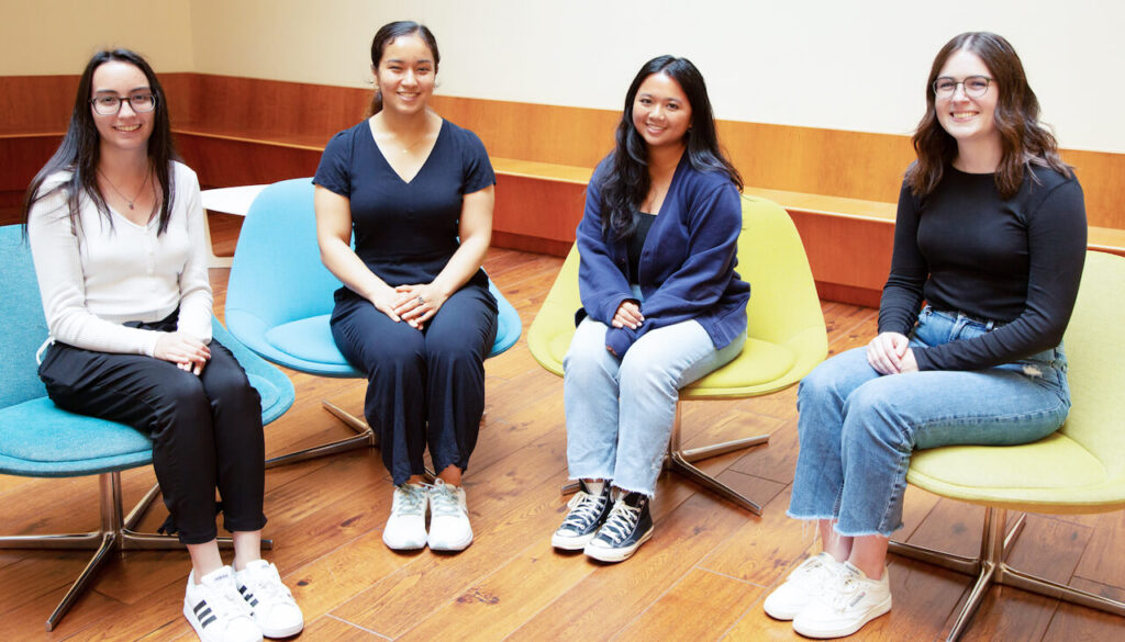 Leila Okahata, Kathleen Esfahany, Therese Pacio, and Madison Meuler (left to right) are a part of the Allen Institute’s 2022 Summer Interns program. This is the Institute’s first on-site group of interns since 2019. Photo by Jenny Burns / Allen Institute
