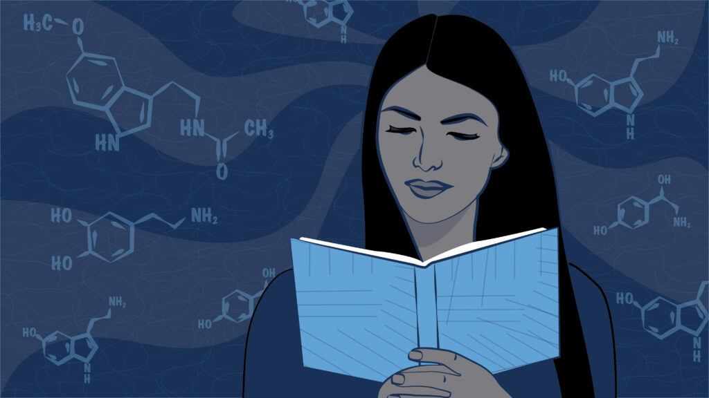 An illustration of a woman with dark hair reading a light blue book against a dark blue background of chemical structures.