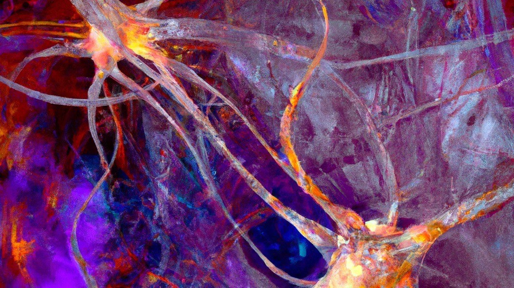 Art showing neurons within a colorful environment