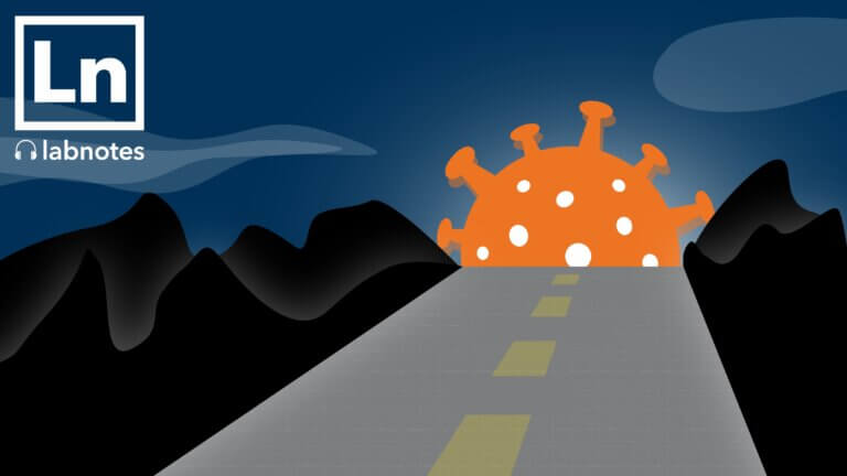 Illustration showing a long road leading towards a coronavirus