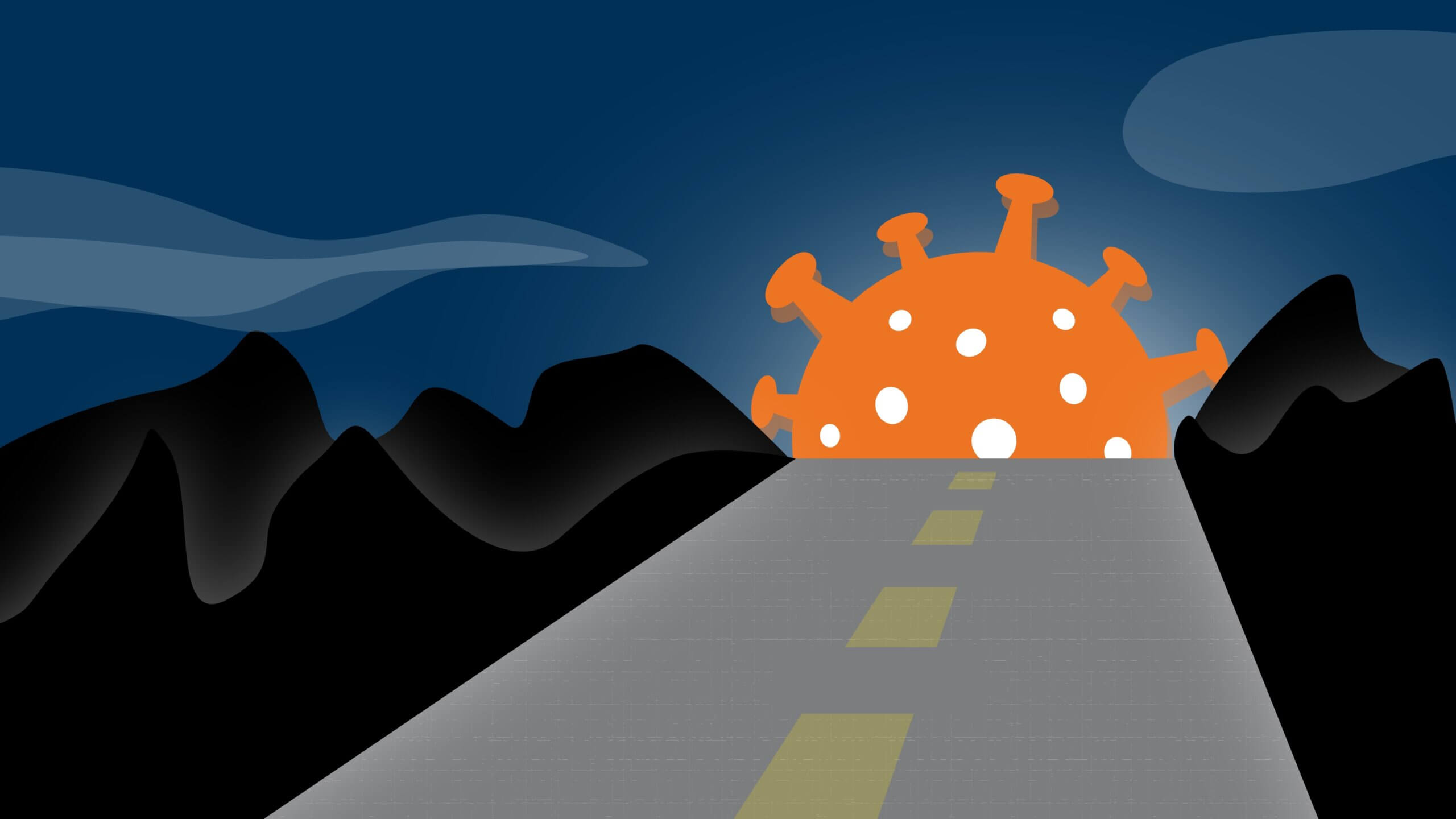 Illustration showing a literal long road ending at a sunsetting coronavirus with ominous mountains