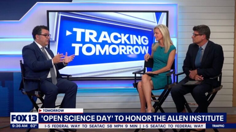 Image of Allen Institute CEO Rui Costa interviewing on television to discuss Open Science Day.