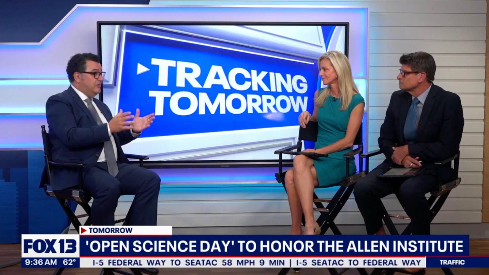 Image of Allen Institute CEO Rui Costa interviewing on television to discuss Open Science Day.