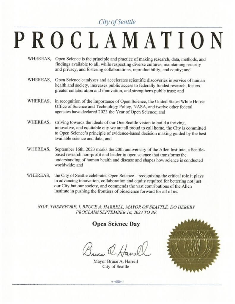 Photograph of the official Open Science Day proclamation by the City of Seattle for September 16.