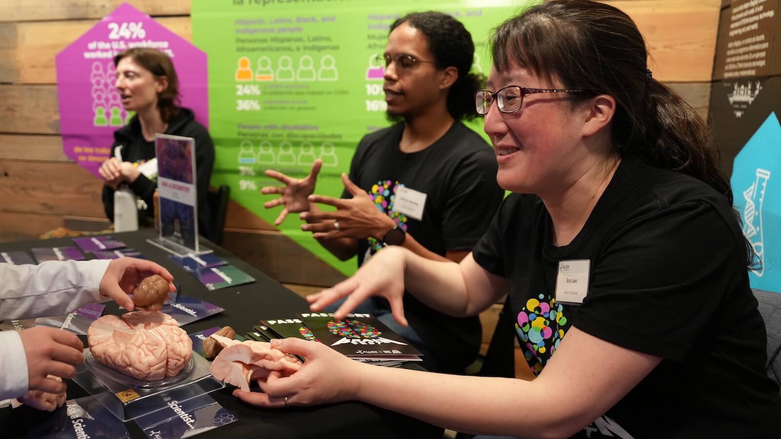 BrainFest 2024 volunteers show visitors a brain model