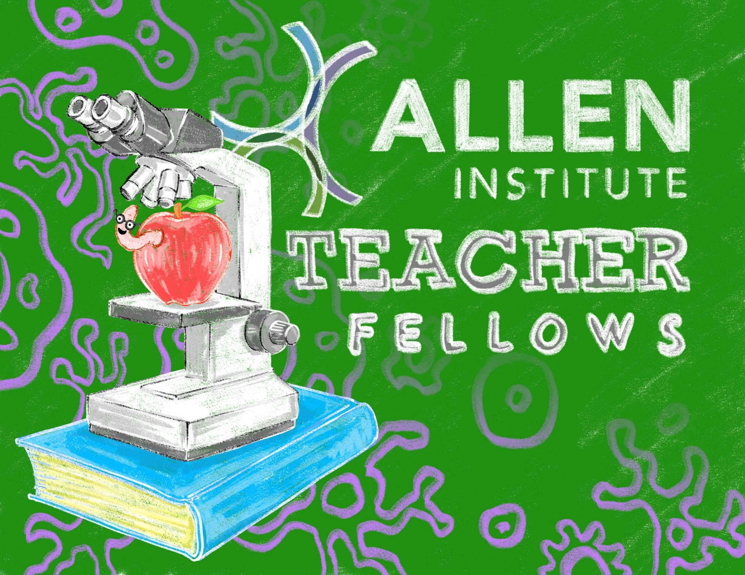 Green chalk board with graphing paper and sketched cells laid over it. A microscope sits atop a blue book, and a red apple with a worm with glasses extending out sits underneath the microscope lenses. Written in chalk-like text is the Allen Institute with it's blue, green, and purple half circle logo with "Teacher Fellows" written in rainbow chalk colors.