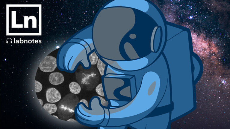 Animated astronaut holding cells in space