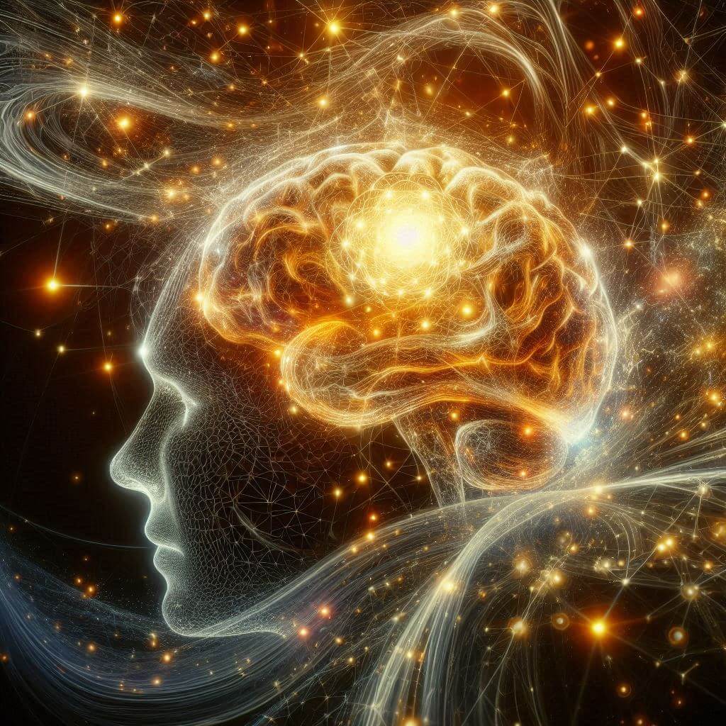 A colorful abstract representation of consciousness and quantum mechanics. The image features intertwining waves, particles, and energy fields, symbolizing the interconnectedness of mind and matter.