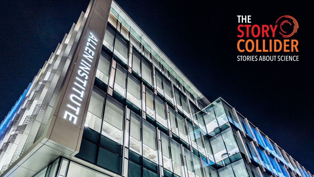 Allen Institute building at night with The Story Collider logo