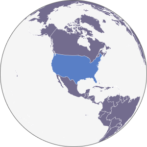 The globe with the United States highlighted in blue