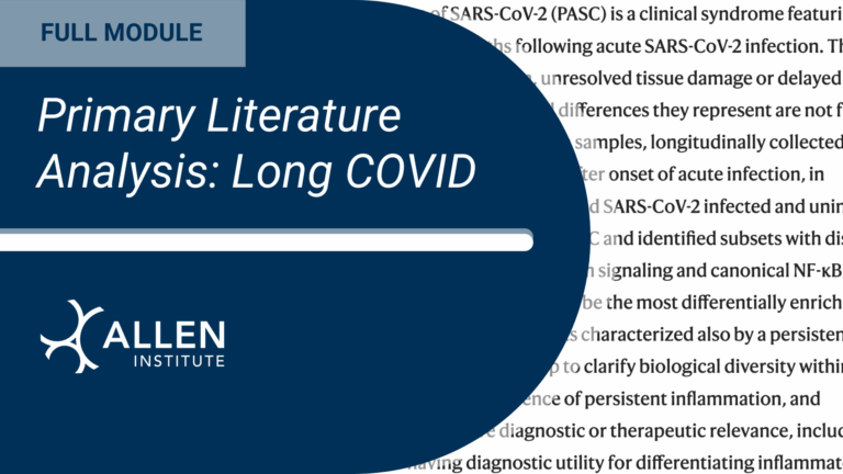 Decorative tile card that reads "Primary Literature Analysis: Long COVID" for a full module