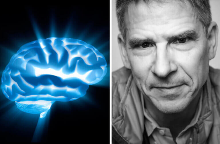 Two-panel image of a blue brain and a profile photo of Christof Koch