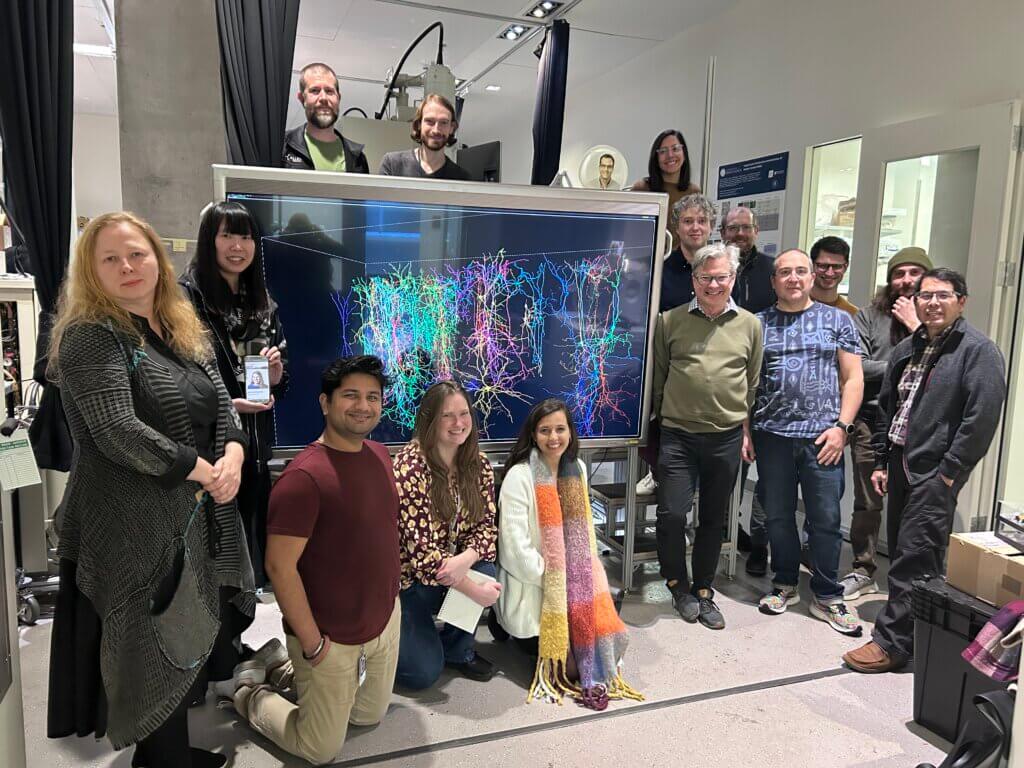 Scientists standing around a large TV monitor displaying a complex mouse brain wiring diagram.