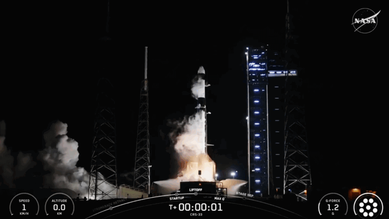 Rocket ready for launch during the night at a launch pad in Florida