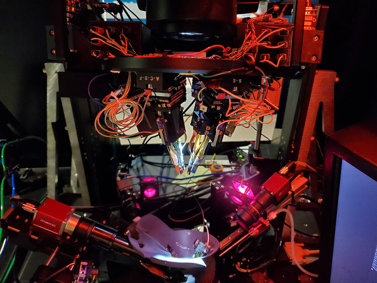 A large electrical machine with arms affixed with thin hair-like metal probes converging into a point