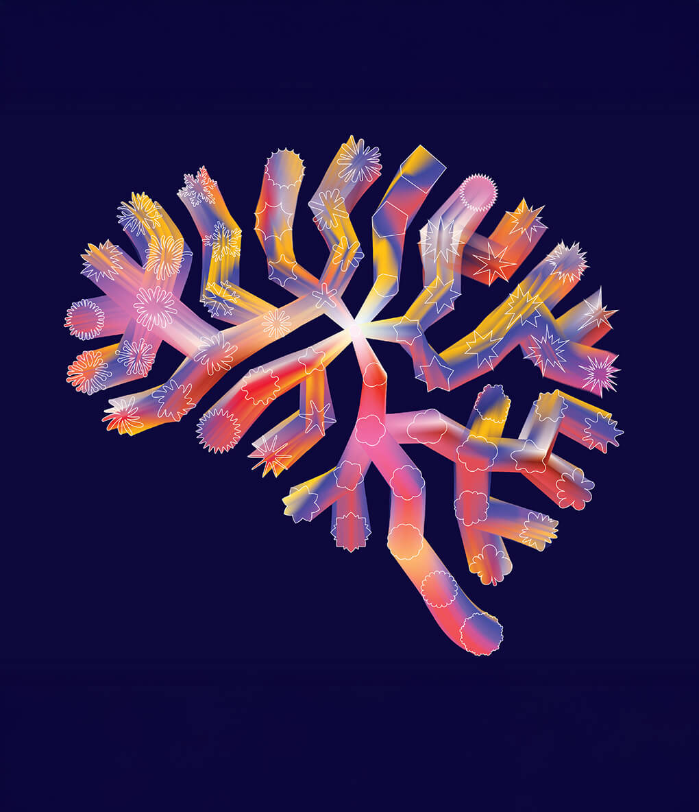 illustration of a brain with pathways and icons