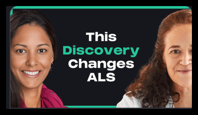 Two women in a photo with the block lettering this discovery changes als