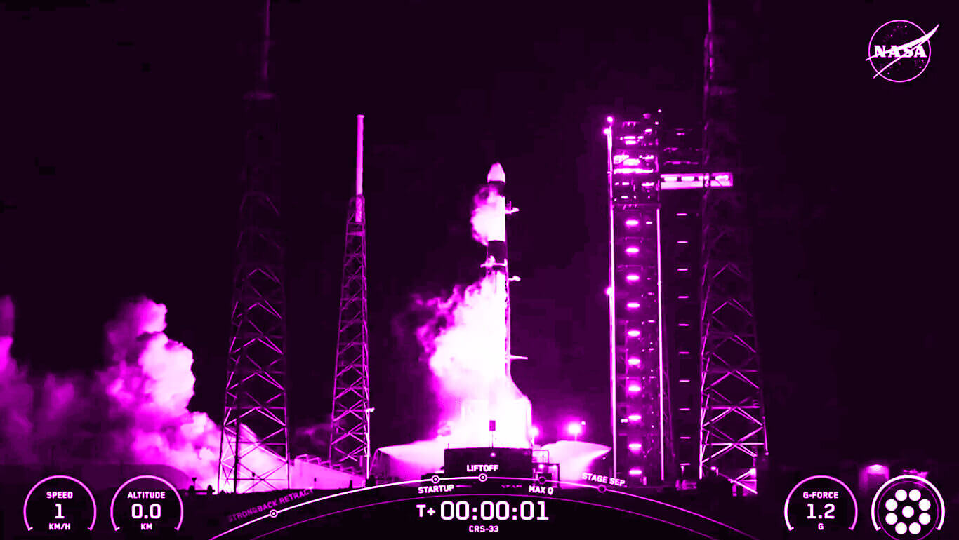 rocket launching at night with purple color filter